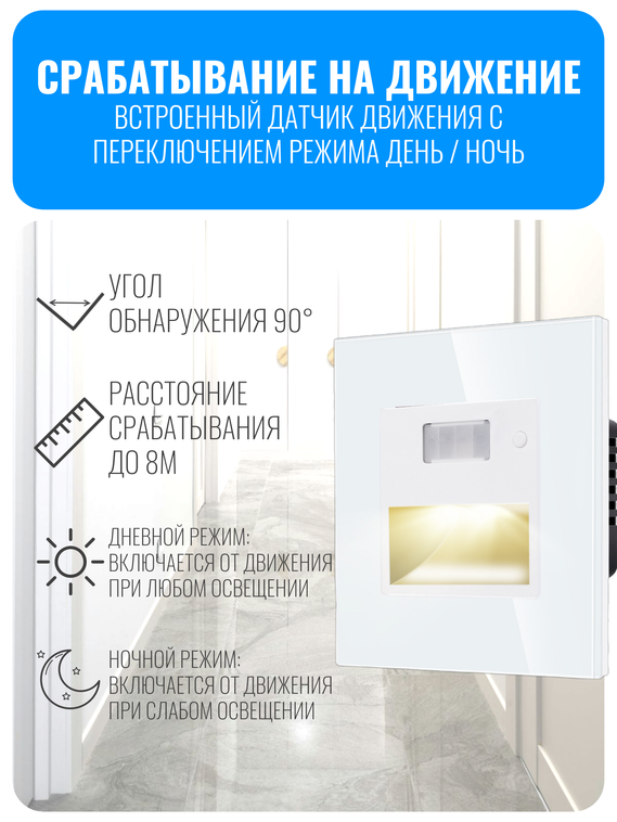 Светильник встраиваемый с датчиком движения Smart Aura серия Classic с рамкой из стекла