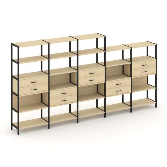 Shelf System Пятисекционный стеллаж пятиярусный с ящиками SN.STM-551 Акация Лорка/Металл Черный 3930