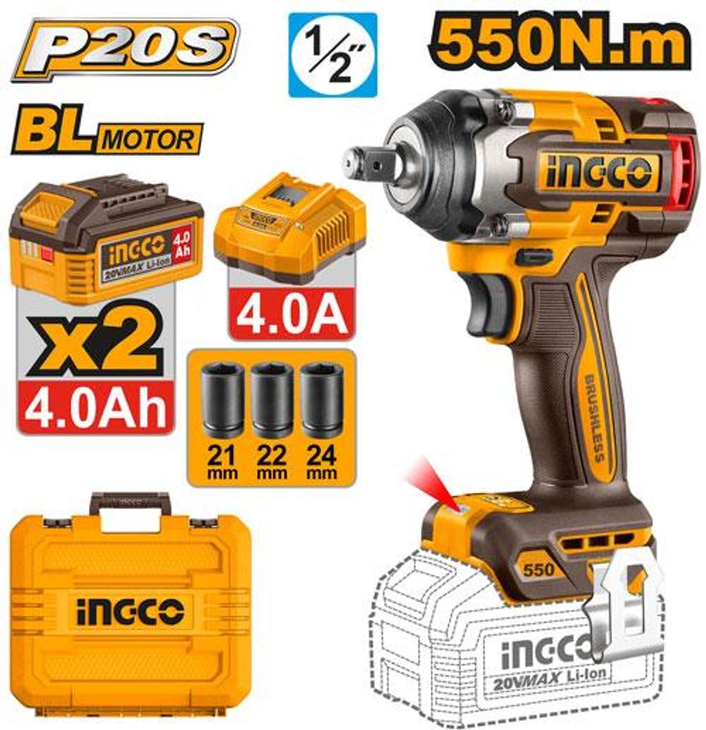 Аккумуляторный гайковерт BL 20В 550Hm 1/2, 2хАКБ 4Ач и ЗУ 4А SUPER INGCO CIWLI2055 INDUSTRIA