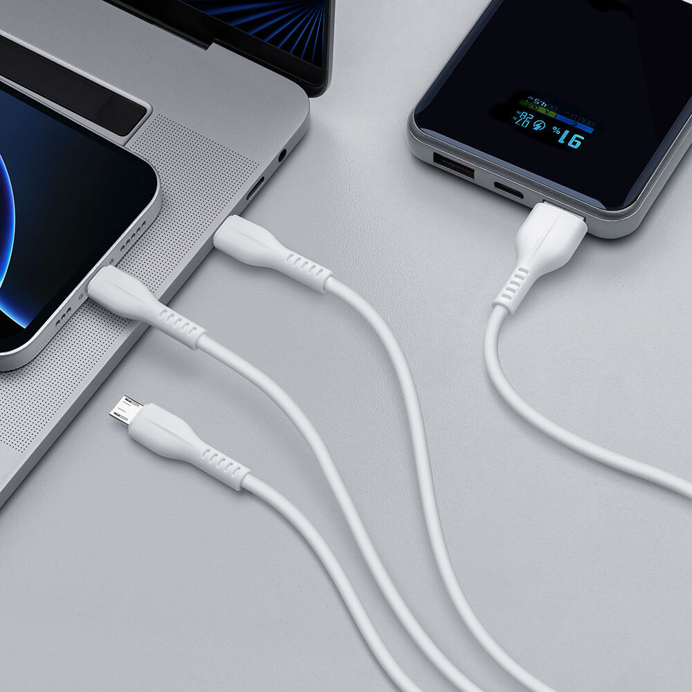 Дата-кабель 3 в 1: micro USB, USB-C, Ligthning, 1.2м, 2.4A, белый