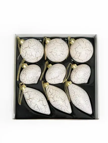 Набор стеклянных украшений Рождественский 80 мм., 9 шт., шар, капля, луковка, белый с кракелюром, Christmas DeLuxe (13049)