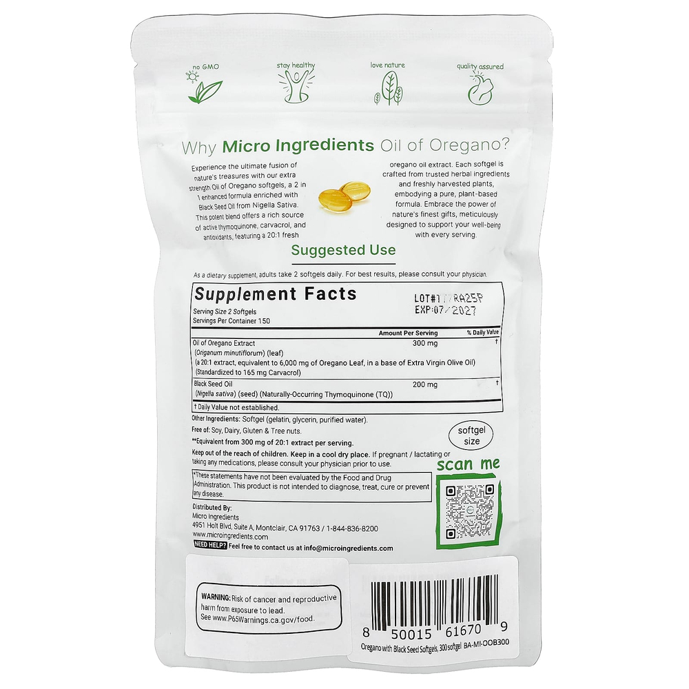 Micro Ingredients, Масло орегано с маслом черного тмина, 300 мягких таблеток