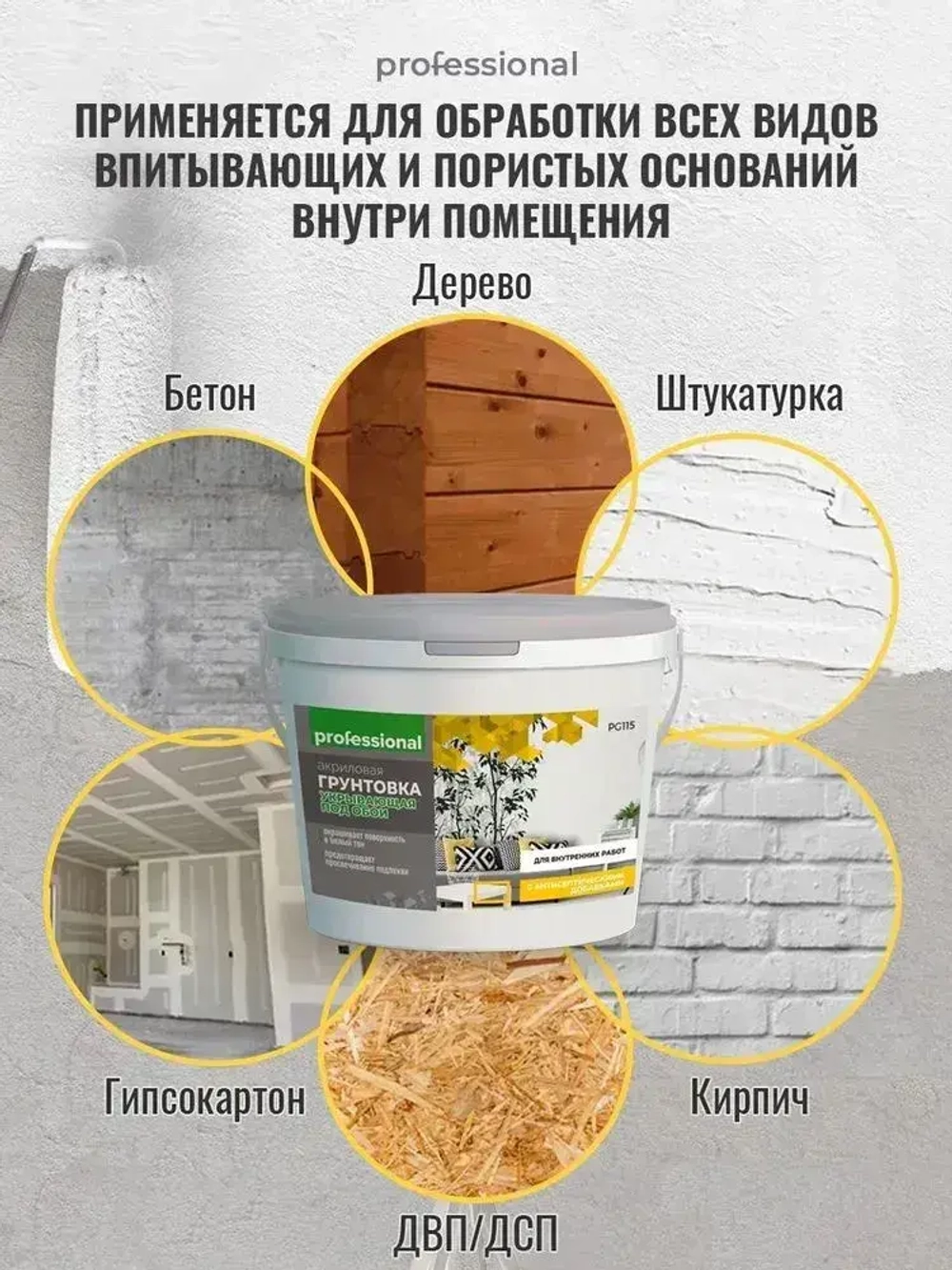 Грунтовка для стен под обои акриловая PROFESSIONAL пигментированная укрывающая белая с антисептиком без запаха для внутренних работ 12кг, грунтовка под жидкие обои