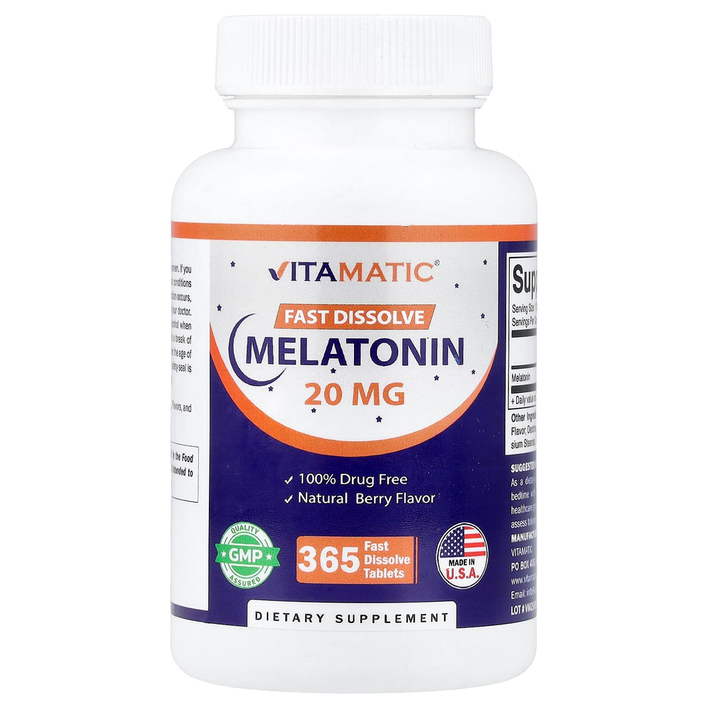 Vitamatic, Мелатонин, натуральные ягоды, 20 мг, 365 быстро растворяющихся таблеток
