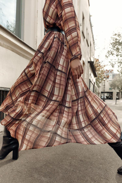 ZARA ПЛАТЬЕ МИДИ В КЛЕТКУ, КОРИЧНЕВЫЙ/ЭКРЮ