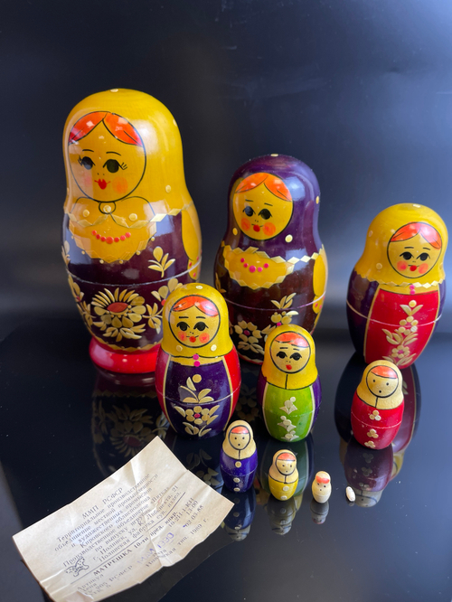 Матрешка полный набор из 10 предметов , с этикеткой, 18 см, дерево, узоры, ручная роспись, лакировка, винтаж, 1989 год