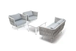 "Монако" лаунж-зона 4-местная из роупа со столом "Верона" (серый гранит), каркас светло-серый, роуп светло-серый