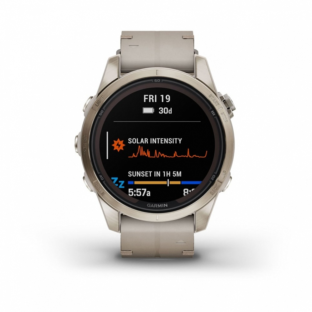 Смарт часы Garmin Fenix 7S Pro Sapphire Solar золотистый корпус с кожаным ремешком цвета известняка