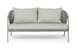 "Амстердам" диван 2-местный плетеный из роупа, каркас алюминий, роуп серый круглый, ткань бежевая