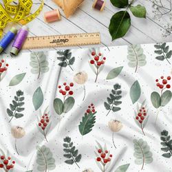 Ткань кулирная гладь маленькие акварельные брусника и листья