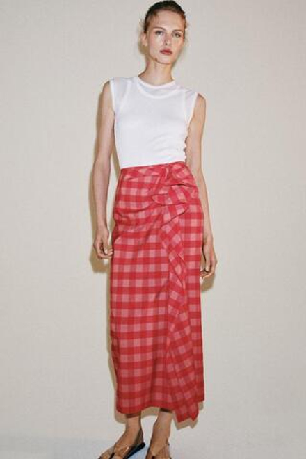ZARA ЮБКА МИДИ С ВОЛАНАМИ — ZW COLLECTION, КРАСНЫЙ