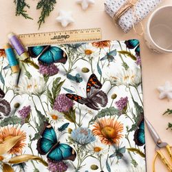 Ткань кулирная гладь бабочки в ярких цветах