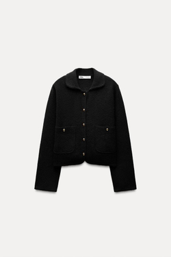 ZARA ОДНОТОННЫЙ КАРДИГАН С ВОРОТНИКОМ ПОЛО, ЧЕРНЫЙ