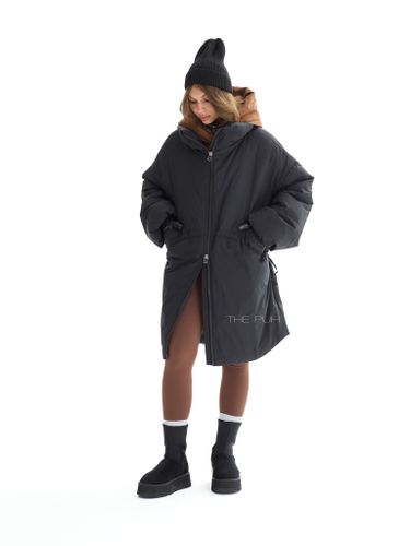 Черно-коричневый длинный пуховик с капюшоном