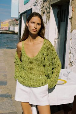 ZARA ТРИКОТАЖНЫЙ ТОП АЖУРНОЙ ВЯЗКИ, ЗЕЛЕНЫЙ