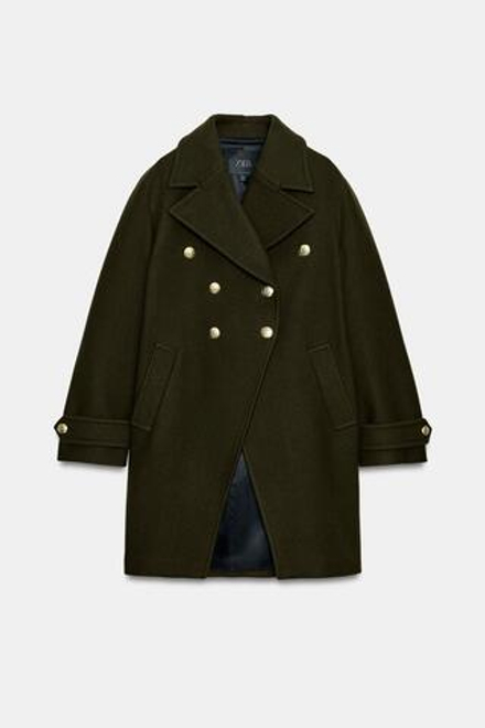 ZARA АСИММЕТРИЧНОЕ ПАЛЬТО ИЗ СМЕСОВОЙ ШЕРСТИ С ПУГОВИЦАМИ — ZW COLLECTION, ТЕМНЫЙ ХАКИ