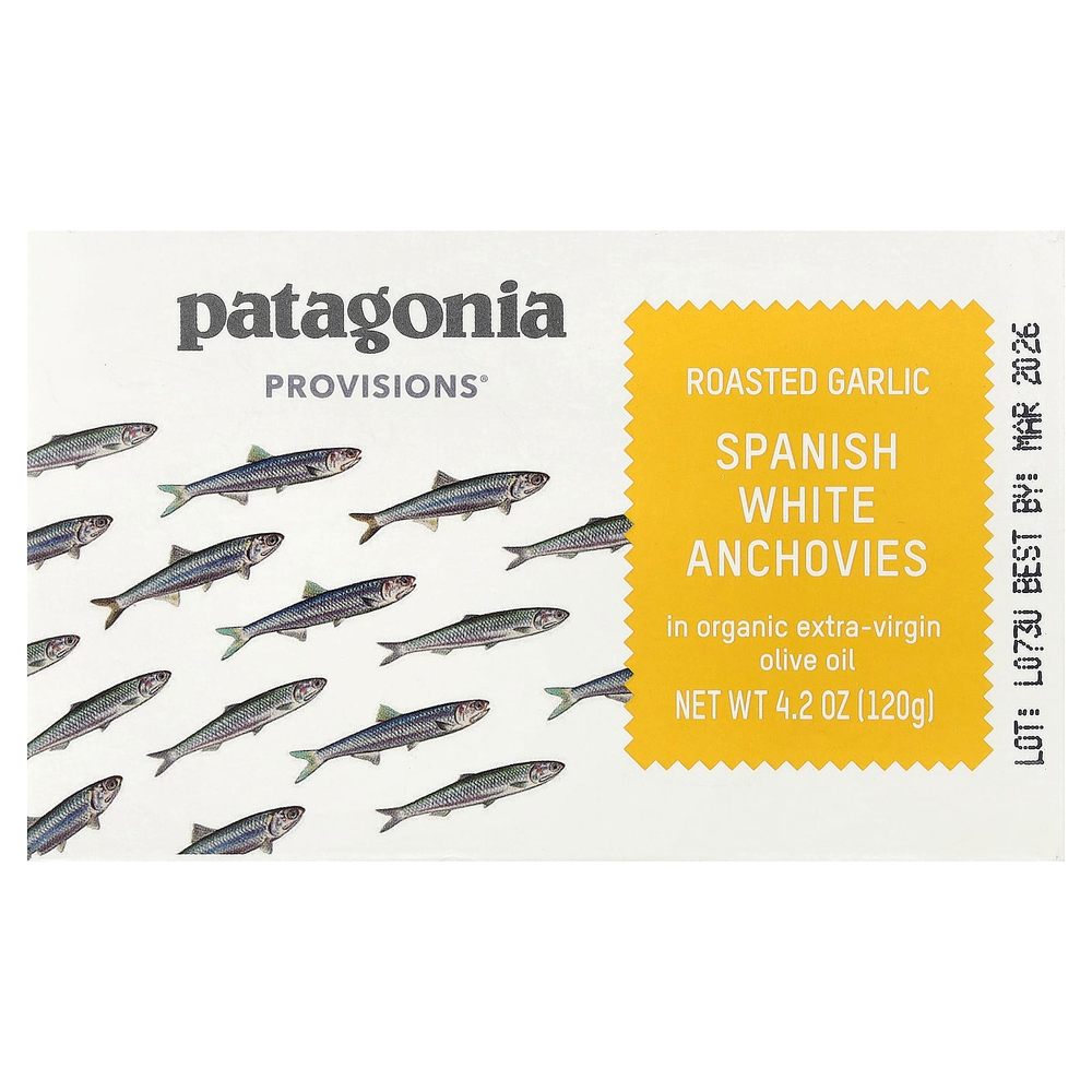 Patagonia Provisions, жареные испанские белые анчоусы с чесноком в органическом оливковом масле первого отжима, 120 г (4,2 унции)