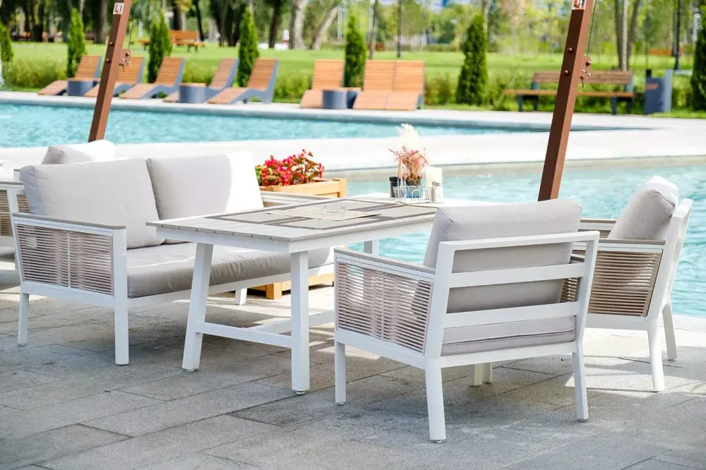 "Сан Ремо" диван 2-местный плетеный из роупа, каркас алюминий белый, роуп бежевый, ткань бежевая