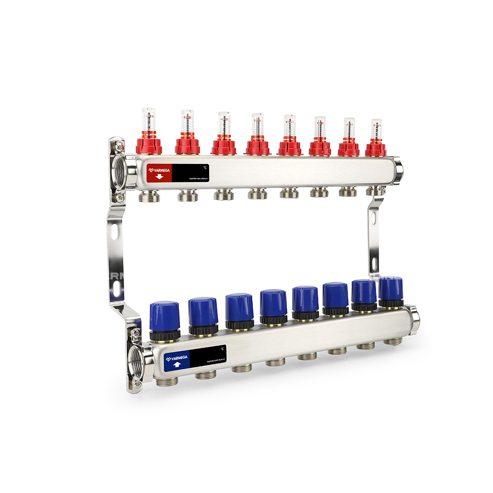 Коллекторная группа для теплого пола Varmega - 1" на 8 контуров 3/4" EK (нержавеющая сталь)
