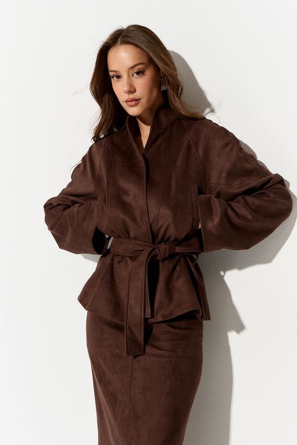 Куртка из экозамши с воротником стойкой цвета шоколад