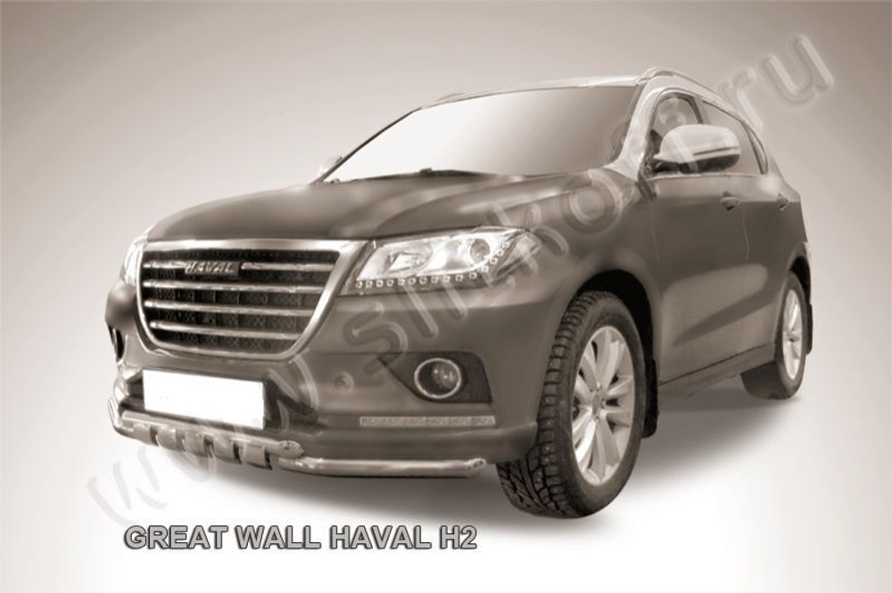 Защита переднего бампера (нержавейка) Haval H2 (2014-2023) d57+d57 с декор элем (черный)