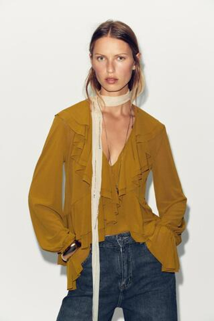 ZARA ТОП С ВОЛАНАМИ, ОЛИВКОВЫЙ