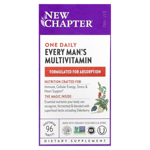 New Chapter, Every Man's One Daily Multi, мультивитаминная добавка из цельных продуктов для мужчин, 96 вегетарианских таблеток
