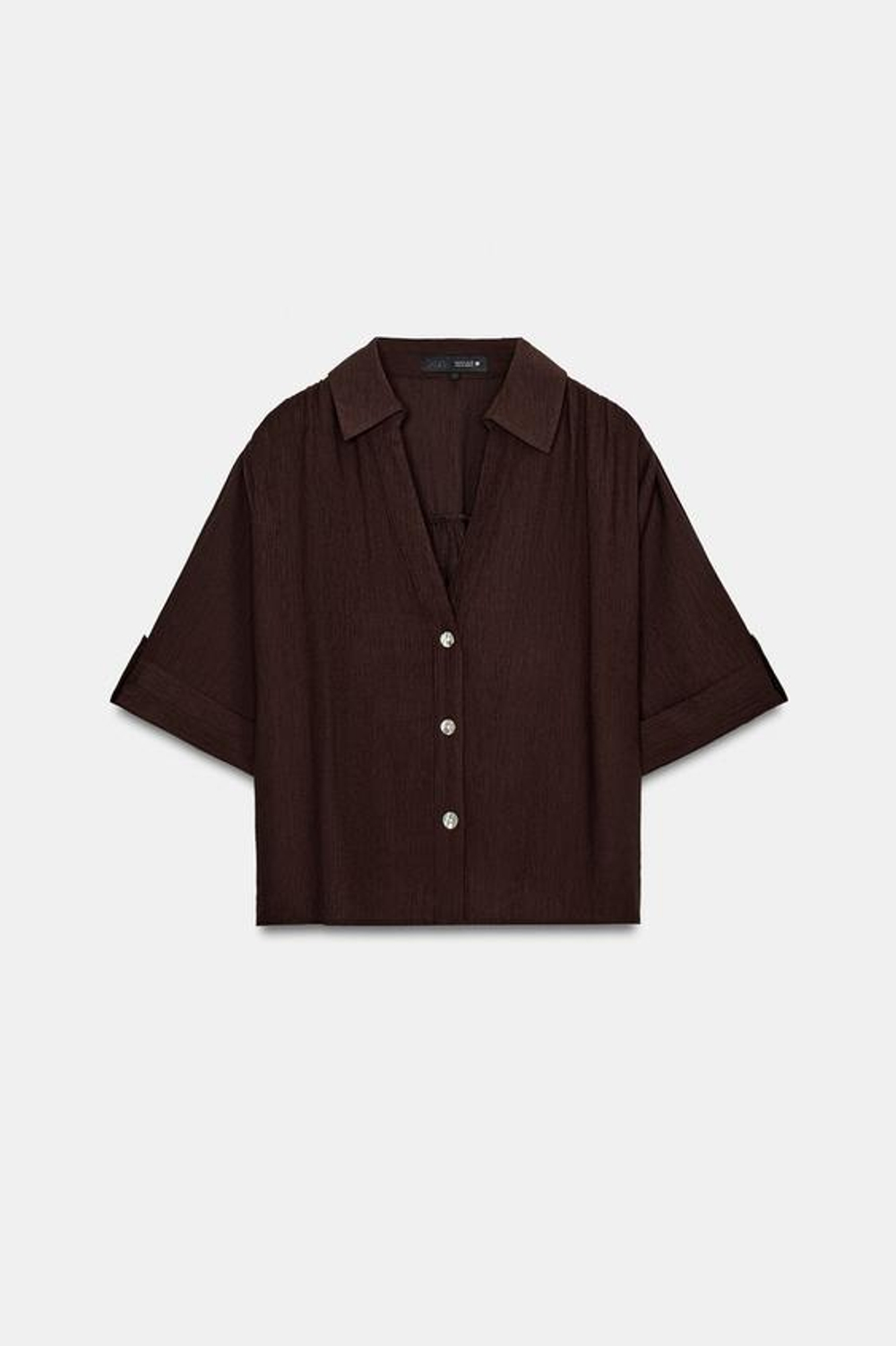 ZARA РУБАШКА СТРУЯЩЕГОСЯ ПОКРОЯ С КОРОТКИМ РУКАВОМ, ТЕМНО-КОРИЧНЕВЫЙ