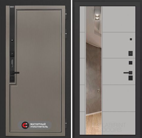 Входная дверь в квартиру Лабиринт Лаб про 1 Велютто кофе с зеркальной вставкой 19 Серый софт (без текстуры)