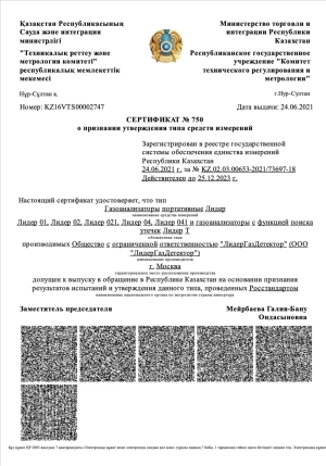 Сертификат о признании утверждения типа средств измерений Лидер