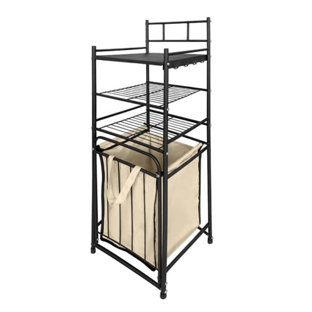 Стеллаж в ванную комнату 3-х ярусный 38х35х125 см с корзиной для белья 45л черный