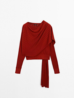 Massimo Dutti Свитер с узором «косы» и шарфом, красный