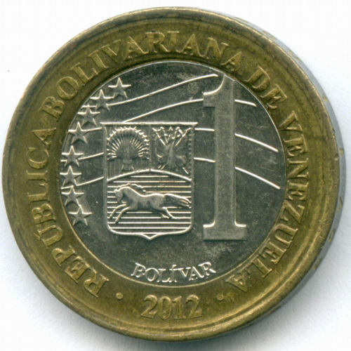 1 боливар 2012 год. Венесуэла. Биметалл, диаметр 24 мм. XF-AU