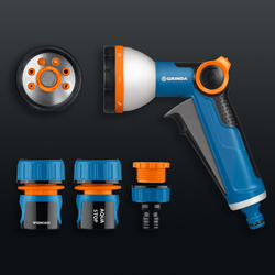 GRINDA Х-834, пистолет поливочный X-8, коннектор 3/4, коннектор 3/4 с автостопом, адаптер с внутр. резьбой 1/2 х 3/4,набор поливочный PROLine (429167)