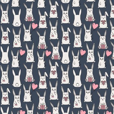 Милые мультяшные кролики (зайцы) на тёмно-синем
