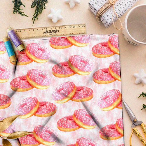 Ткань сатин клубничные пончики с посыпкой