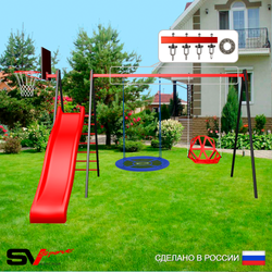 Уличные качели Sv Sport с горкой УК199КП2 (3.7м/Щит баскет/Гнездо Оксф. 100см/Со спинкой/Подвесы на подш 2к)