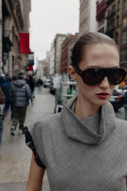 ZARA ТОП С УЗОРОМ «ГУСИНАЯ ЛАПКА» И КРУЖЕВОМ, ЧЕРНЫЙ/ЭКРЮ