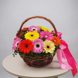 Композиция «Радуга» — 17 крупных гербер в корзине с бантом.