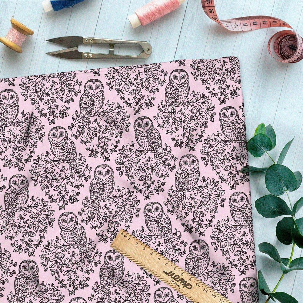 Ткань муслин резные эскизы сов на ветках