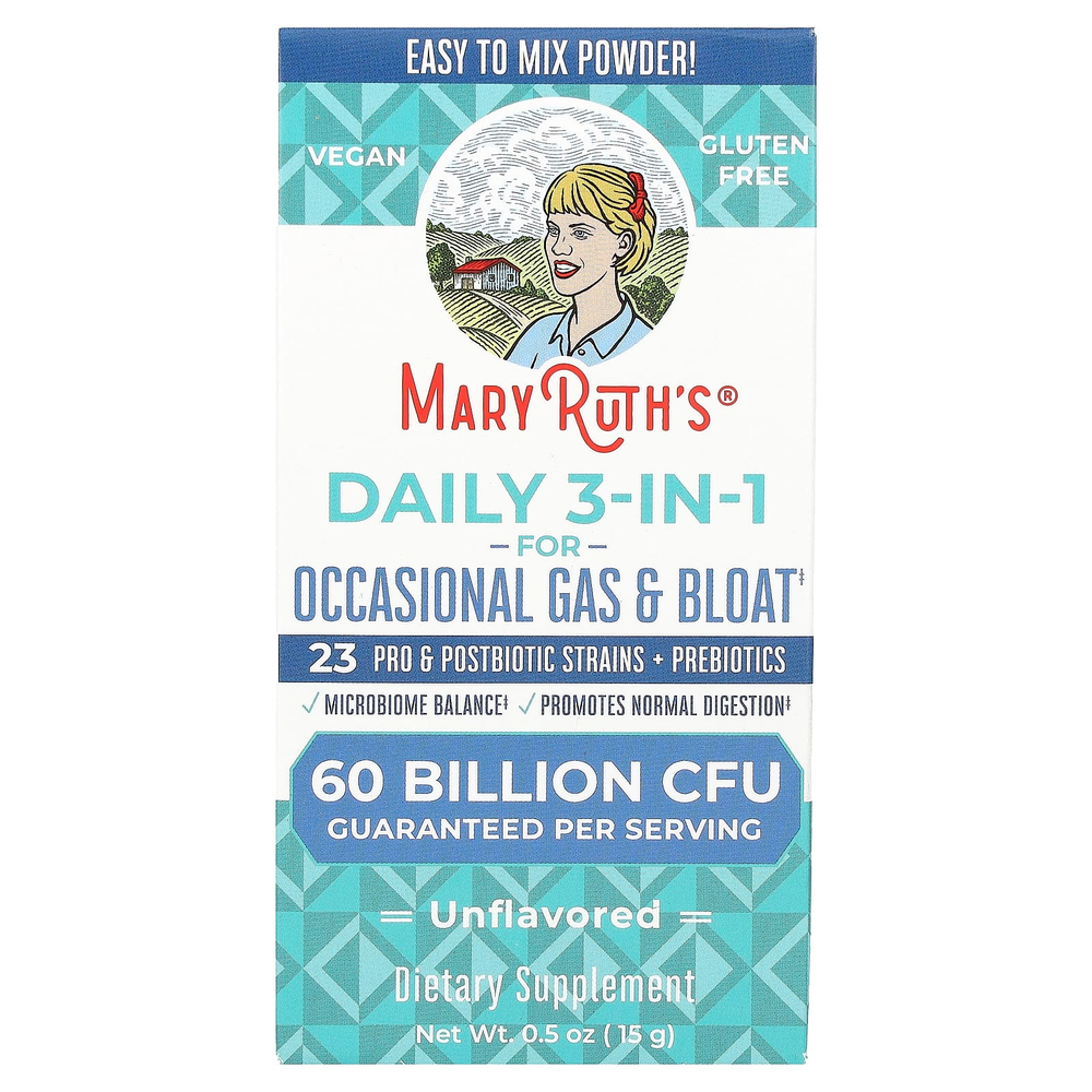 MaryRuth's, средство 3 в 1 для ежедневного приема, от эпизодических газообразования и вздутия живота, без вкусовых добавок, 60 млрд КОЕ, 15 г (0,5 унции)