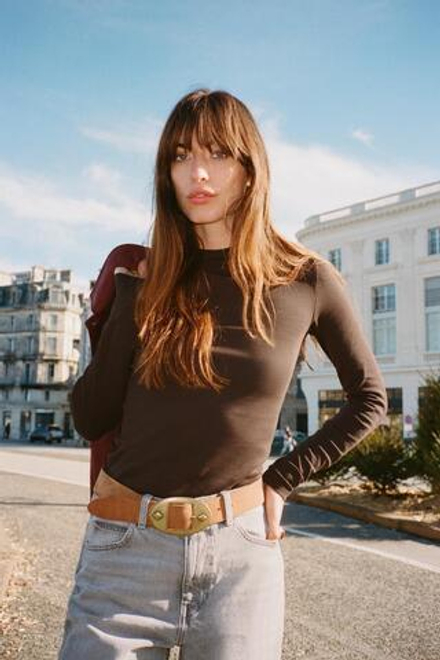 ZARA ФУТБОЛКА С ВЫСОКИМ ВОРОТНИКОМ, ШОКОЛАДНЫЙ
