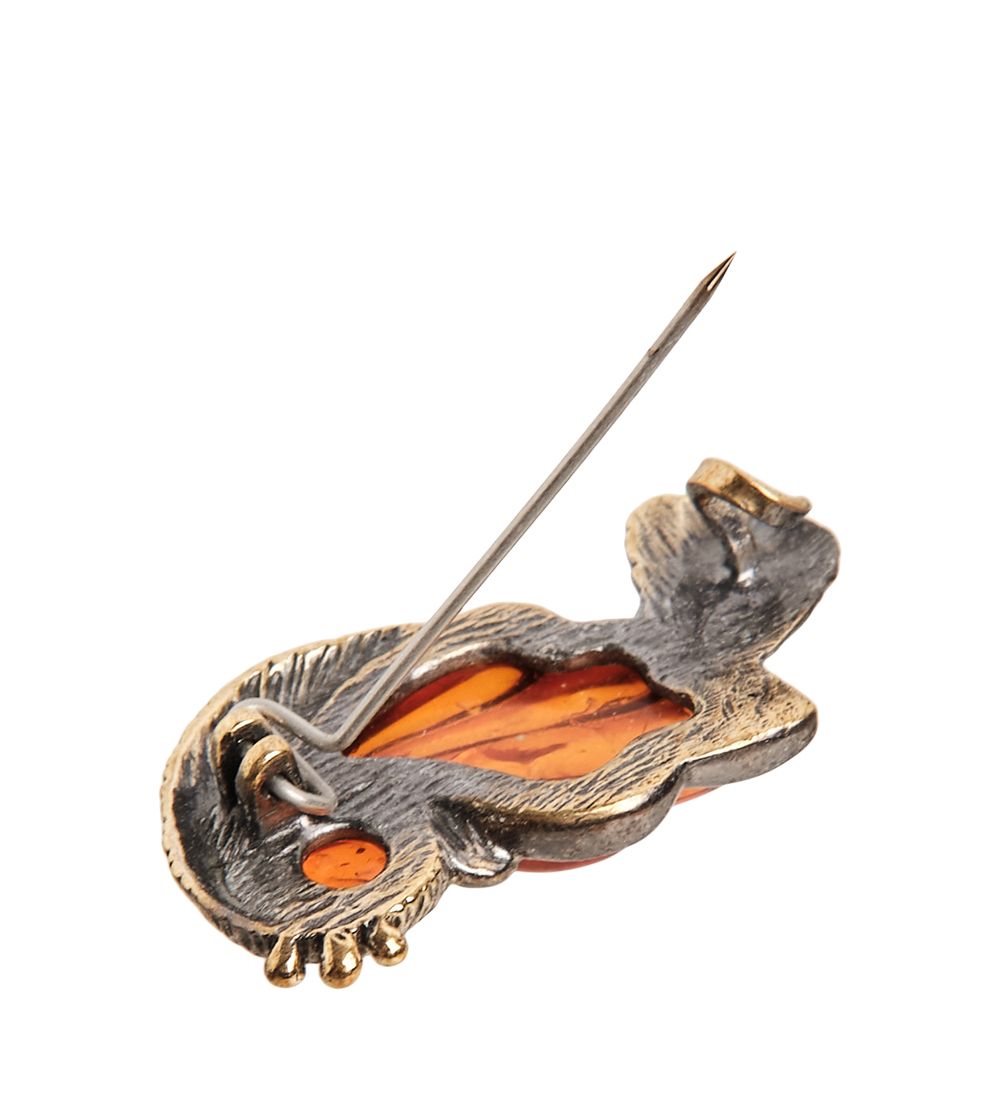 AM-2378 Брошь «Птичка» (латунь, янтарь)