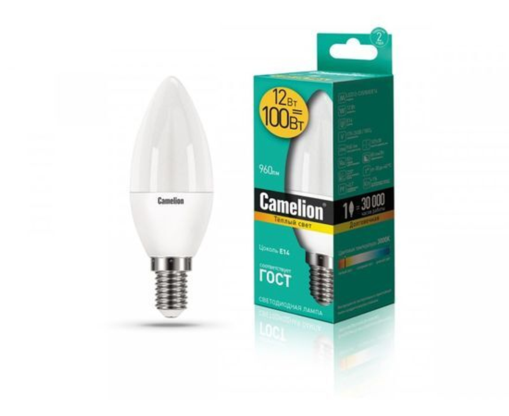 Лапочка Camelion Свеча E14 12W(960lm 220) 3000K 2K матов. 107x38 пластик LED12-C35/830/E14, 1 шт.