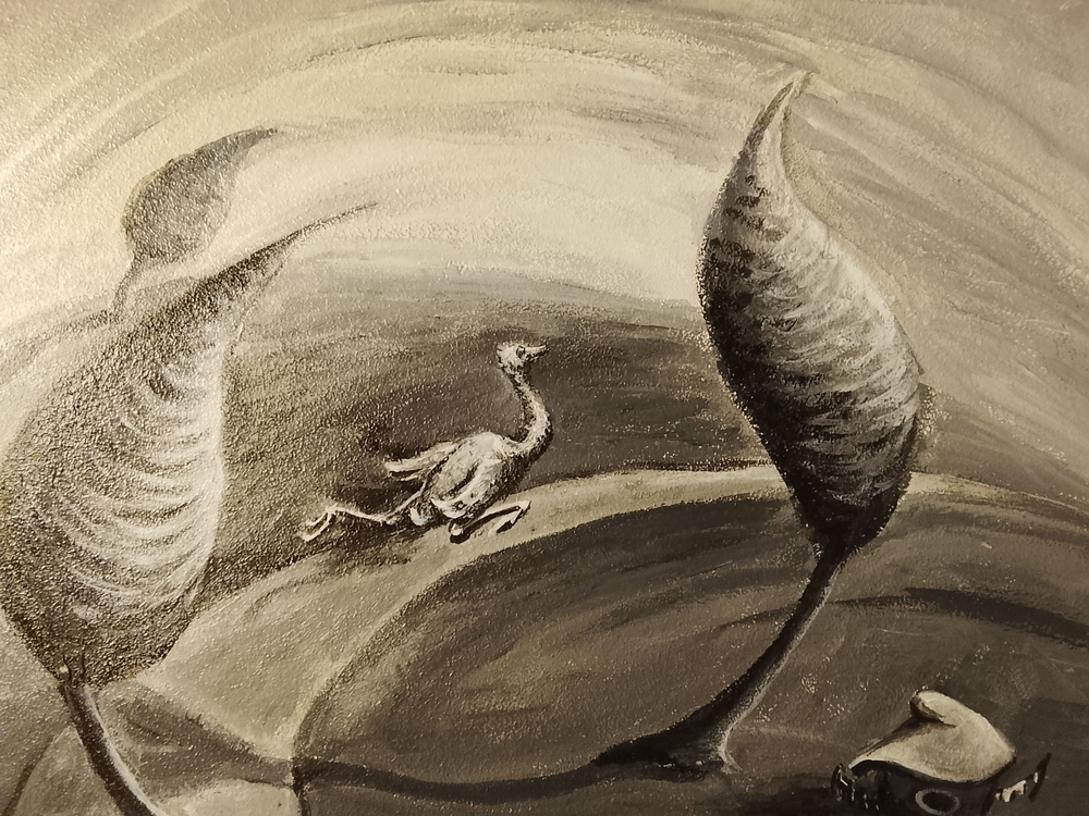 Картина "Бегущий страус". Акрил на картоне. Авторская работа. Единственный экземпляр.