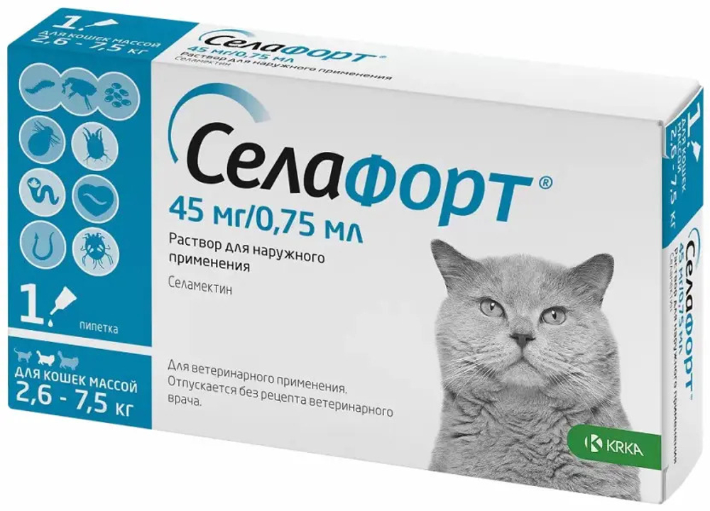 Селафортдля кошек от 2,6 до 7,5кг, 45мг/0,75мл, раствор для нар. прим., противопаразитный 1 пипетка