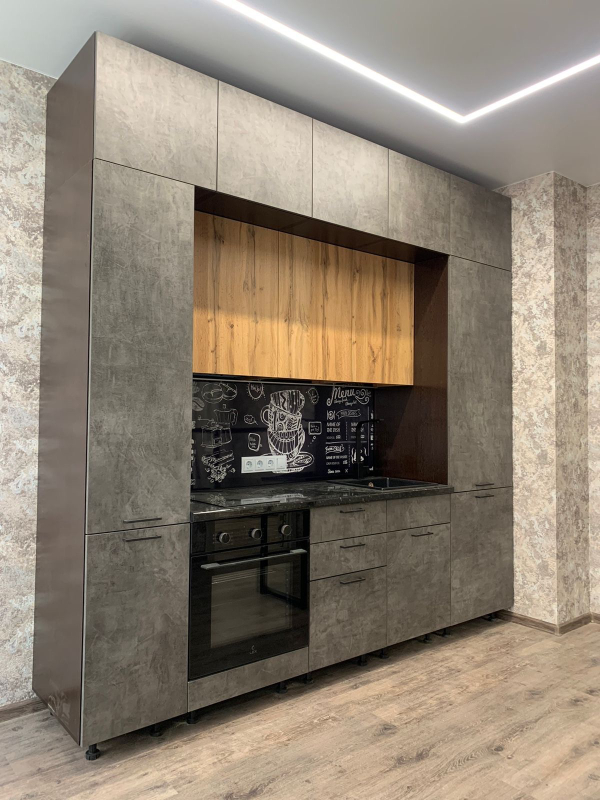 Кухня лофт д.260 в. 260 бетон / вотан для Елены с 2 пеналами , подсветкой и барной стойкой