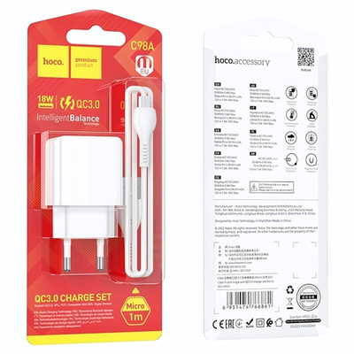 Зарядное устройство HOCO C98A 18W QC3.0 3A USB + кабель microUSB White