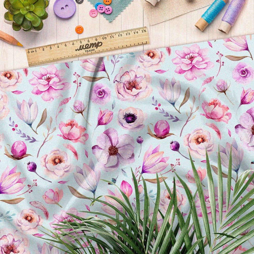 Ткань сатин летние букеты с листьями и бутонами