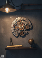 Настенные часы WOODandROOT Automaton Bite 1682 на серой стене с лампой, глобусом и полкой — в индустриальном интерьере в стиле лофт